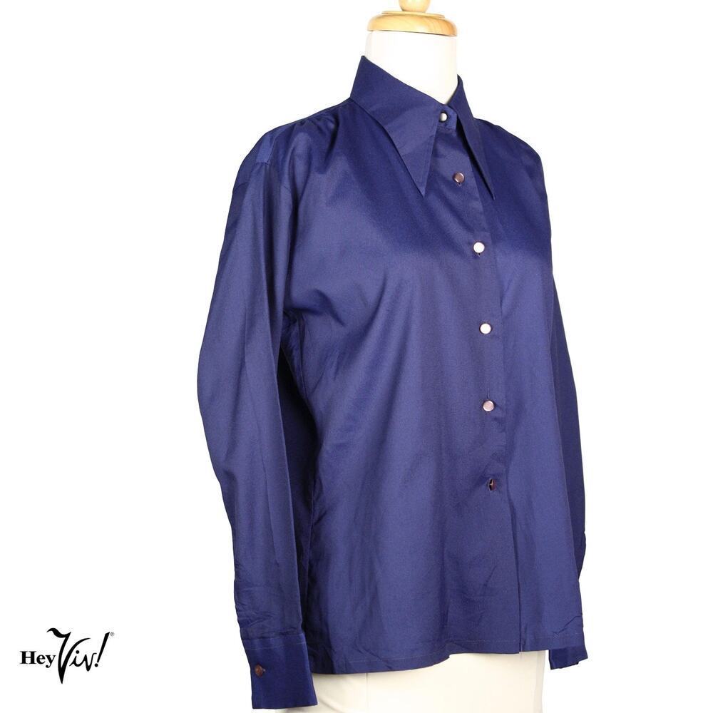 Vintage 70s Navy Blue Blouse Button Front Shirt Tailored Long Sleeve 36 -Hey Viv